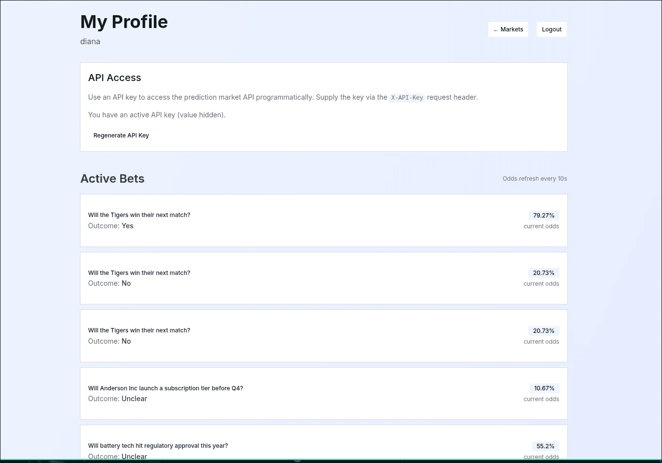 User profile with bet history and API key